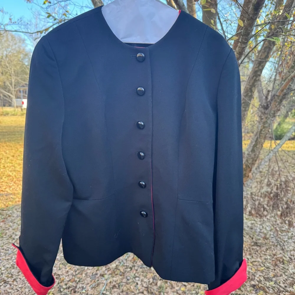 Vintage Christian Dior Black Red Cuff Blazer Size 12 USA Made Wool Blend Classic